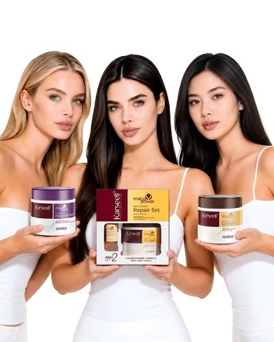 Three women in white outfits hold skincare products purple jars on the left a repair kit in the center and a brown jar on the right against a white background