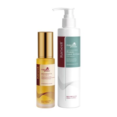 Two Maca Power hair care bottles maca essence oil in a small gold capped bottle and a larger white pump bottle of protein leave in cream Maca Care System