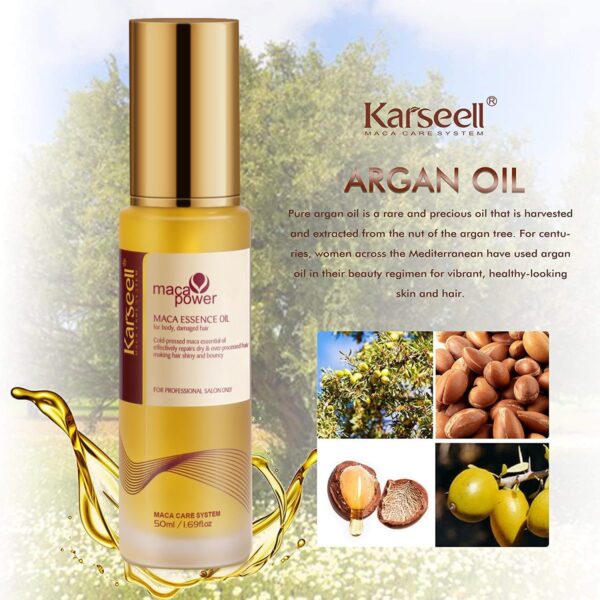 Argan oil bottle labeled Karseellmacapower on a promotional backdrop with collage of argan related images nuts tree fruits