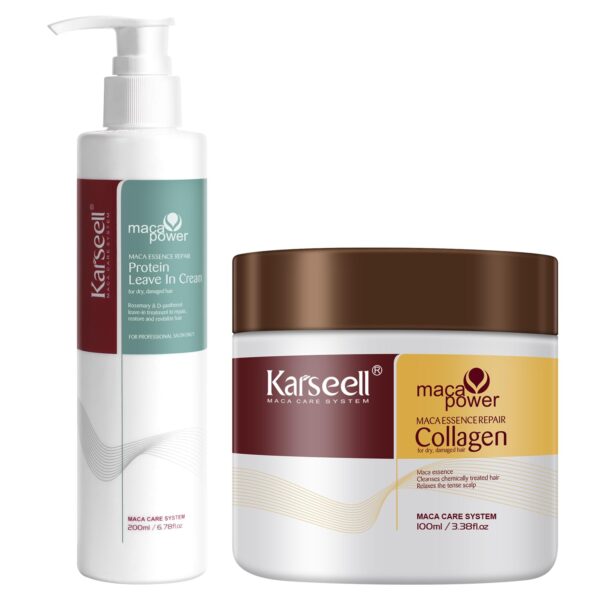 Karseell Maca Care System hair products a tall white pump bottle next to a large brown lidded jar labeled Maca Power Collagen hair care set