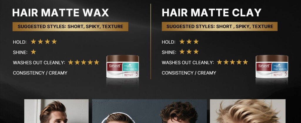 Split screen ad comparing Hair Matte Wax and Hair Matte Clay with ratings and product jars at center top
