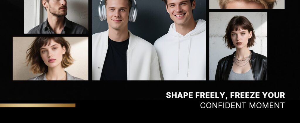 Collage of diverse young adults posing in a fashion banner on a black background with bold white text promoting confidence