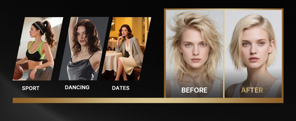 Gallery collage three angled images labeled SPORT DANCING DATES plus a gold framed BEFORE and AFTER portrait pair