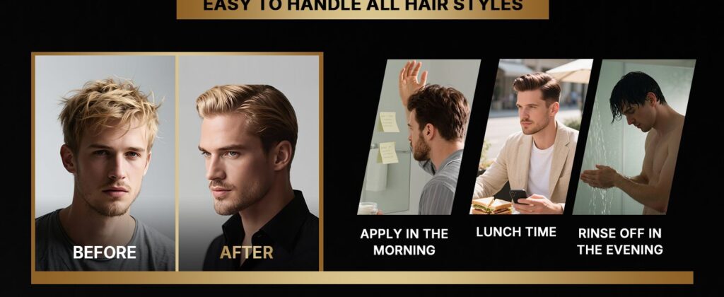 Before and after photos of a mans hair styling followed by three angled panels labeled Apply in the Morning Lunch Time Rinse Off in the Evening