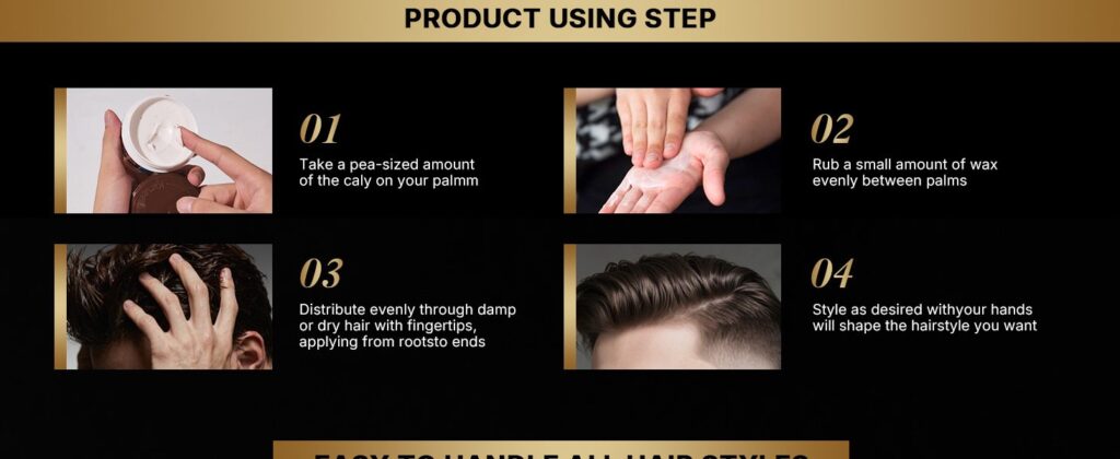 Four step product usage guide for hair styling shown on a black background with gold accents and numbered steps 0104