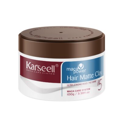 Close up of a brown jar lid from a hair product labeled Karseell Maca Care System Hair Matte Clay with a blue and burgundy label visible on the jar edge