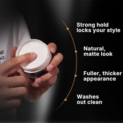 Hands hold a jar of cream right side lists features strong hold natural matte look fuller appearance washes out clean