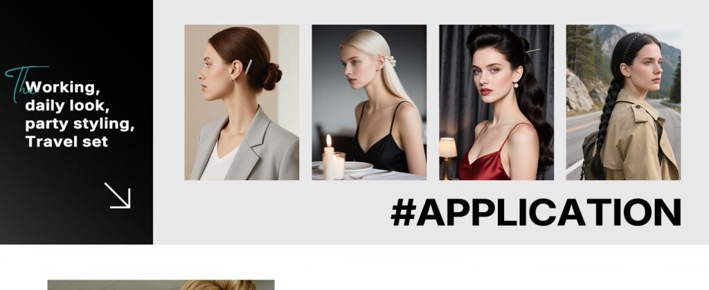 Promotional banner with a black left panel and teal script, four fashion portraits (office chic, dining, red dress, outdoor braid) and the large #APPLICATION caption.