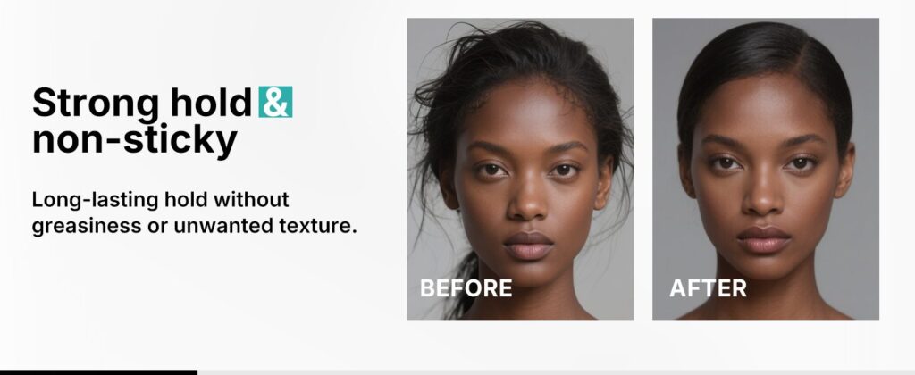 Marketing banner showing a hair product's strong, non-sticky hold with before/after portrait comparisons.