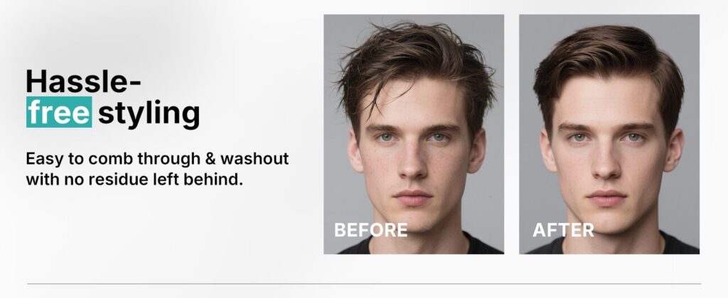 Ad banner showing a left panel with text 'Hassle-free styling' and a right panel with before/after hair photos of a young man, demonstrating styling results.