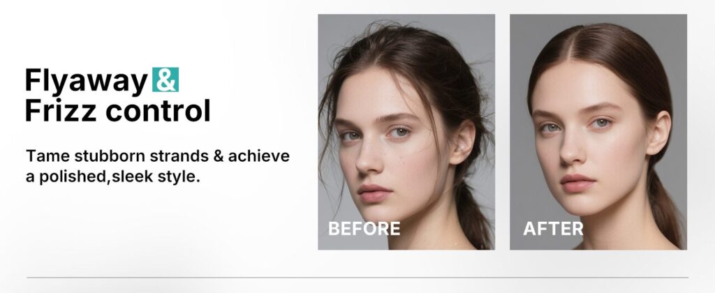Banner for Flyaway & Frizz control showing the slogan 'Tame stubborn strands & achieve a polished, sleek style' with before/after portraits of a woman to the right? no need for question marks.