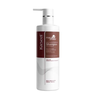 White pump bottle of MACA Power Shampoo with maroon label for dry damaged hair 500 ml