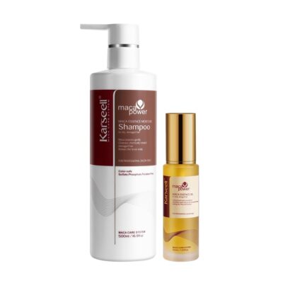 Pale white shampoo bottle with pump labeled Maca Power Shampoo beside a smaller yellow maca essence oil bottle