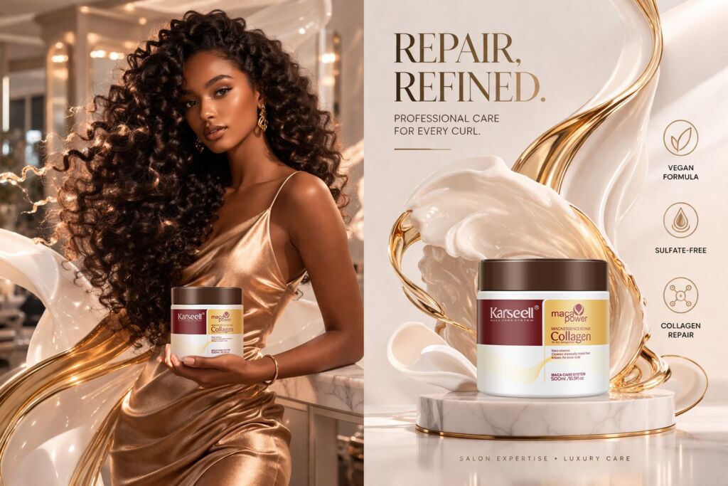 A woman with long curly hair in a metallic dress holds a jar of hair care product against a luxurious salon backdrop