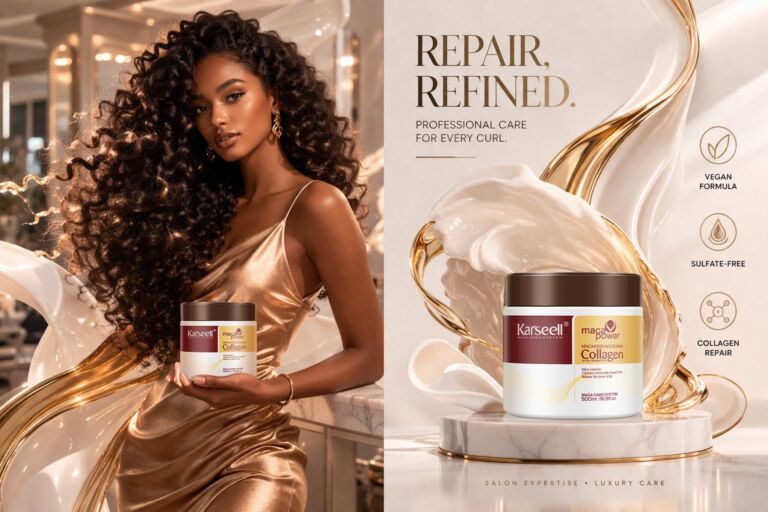A woman with long curly hair in a metallic dress holds a jar of hair care product against a luxurious salon backdrop.