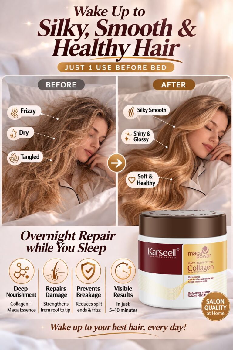 Advertising image showing a before/after hair repair. Left side: frizzy, dry, tangled hair; right side: silky, shiny, healthy hair; product jar at bottom right.
