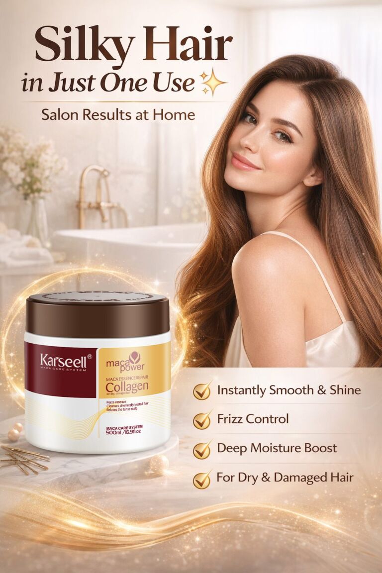 Advertisement featuring a smiling woman with long silky hair next to a jar of Karseell Maca Power Collagen hair treatment; headline reads 'Silky Hair in Just One Use' and 'Salon Results at Home'.