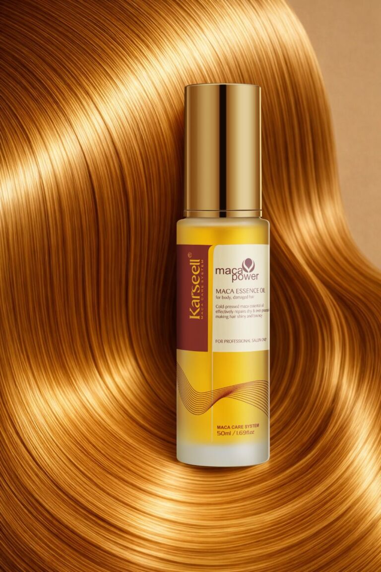 Golden maca essence oil bottle with a shiny gold cap, set against flowing copper hair background.
