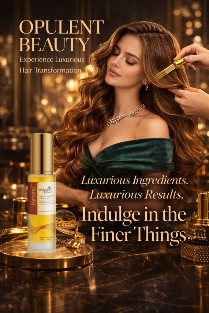 A glamorous woman with long wavy hair is styled by a stylist using a comb; a golden bottle of hair product sits on a reflective surface in the foreground.