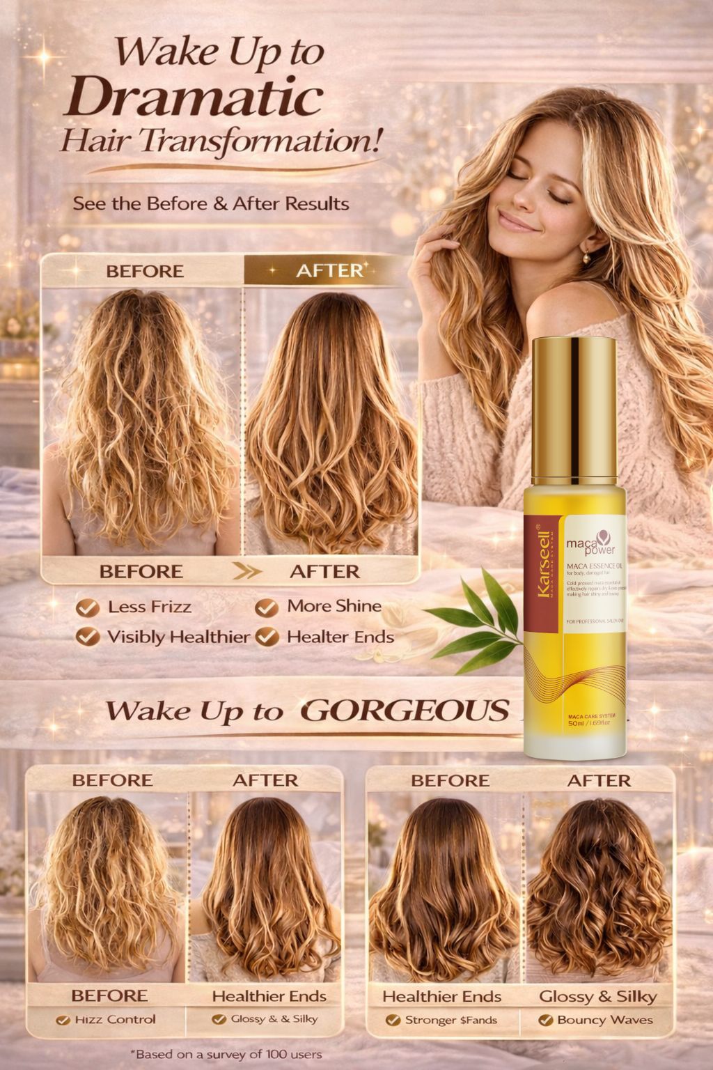 Before and after collage showing frizzy hair on the left and smooth shiny hair on the right after using the product with a bottle nearby