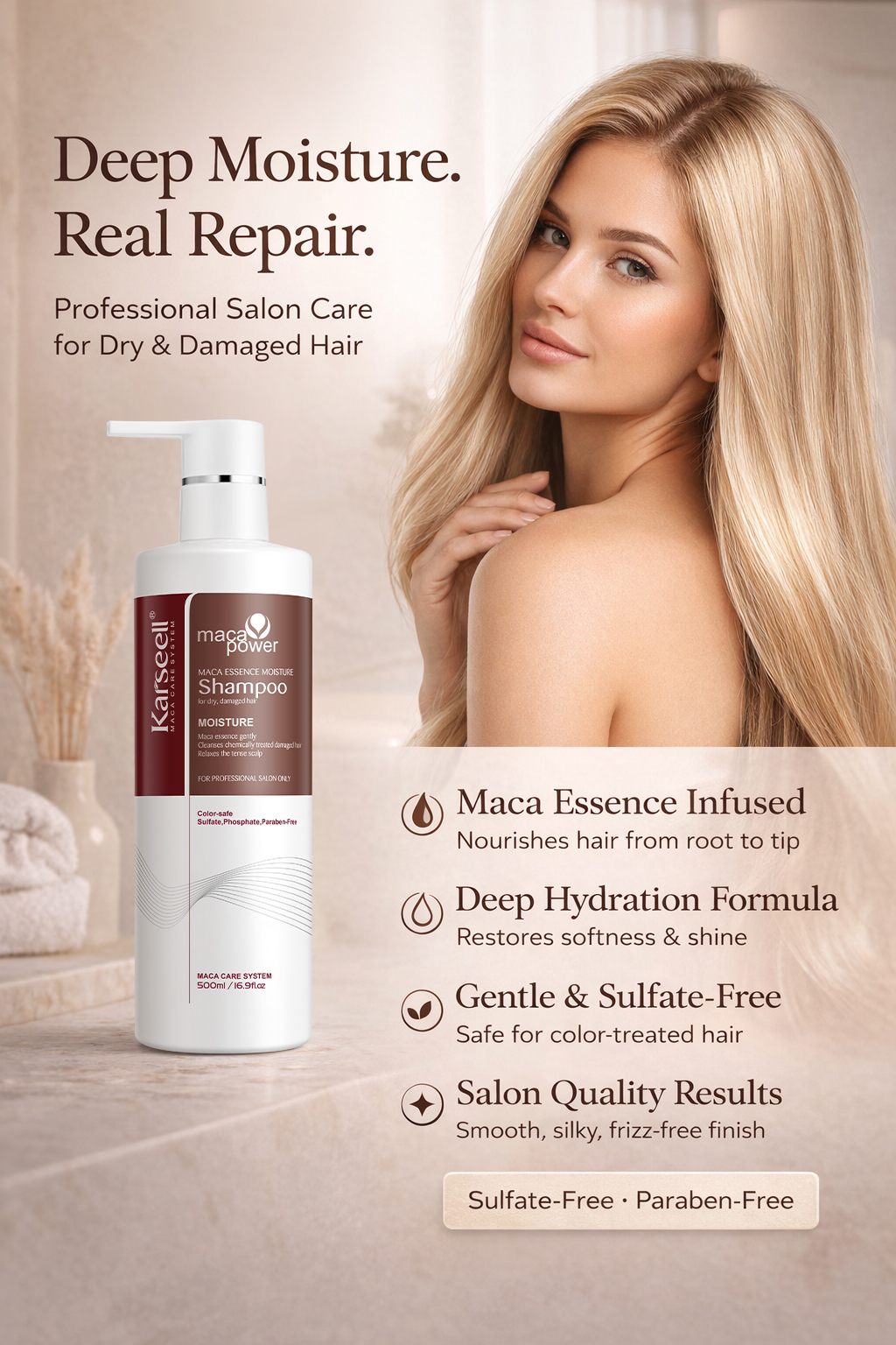 Advertisement for Maca Essence shampoo featuring a blonde woman with long glossy hair beside a pump bottle headline promotes deep moisture and real repair for dry damaged hair
