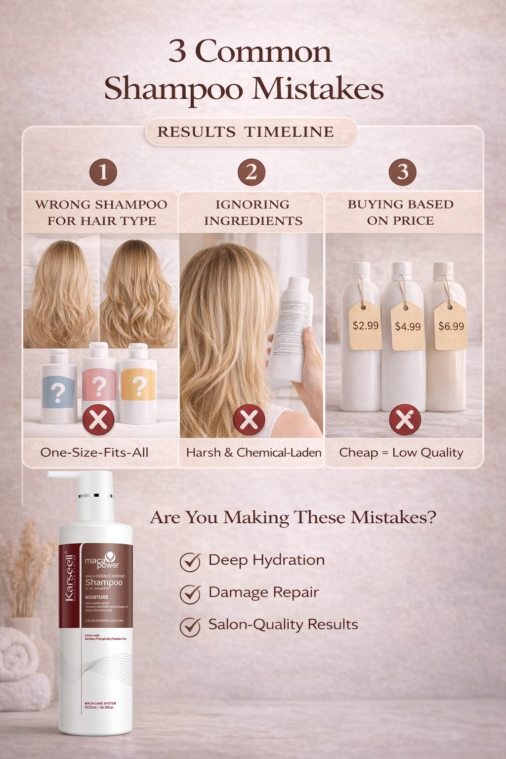 Infographic titled '3 Common Shampoo Mistakes' showing three mistakes: wrong shampoo for hair type, ignoring ingredients, and buying based on price, with corresponding images.