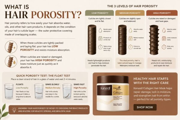 Informational infographic explaining hair porosity levels and how cuticle condition affects moisture absorption, for an educational page on hair care.