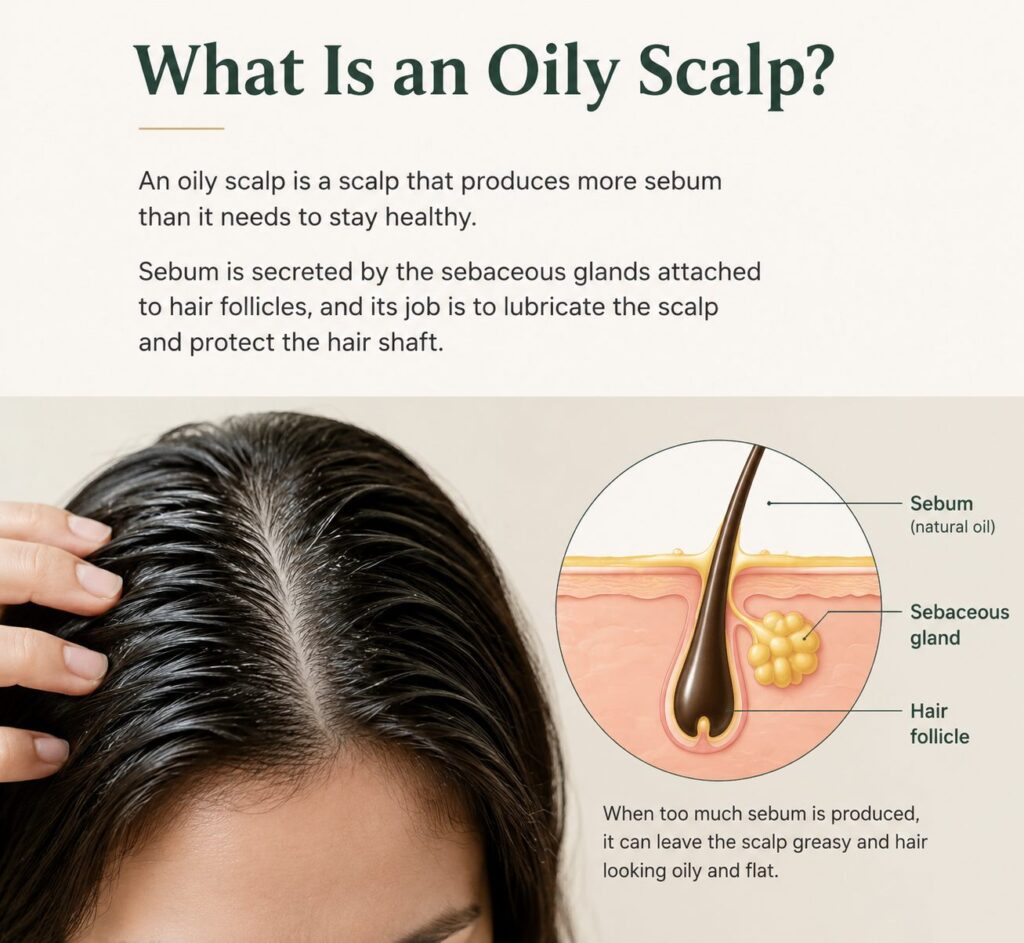 Informational image about oily scalp a labeled diagram of a hair follicle with sebaceous gland and sebum beside a person parting their hair