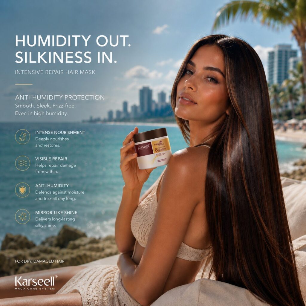 Woman at the beach holding a jar of Karsell anti-humidity hair mask; large headline reads 'Humidity Out. Silkiness In.'