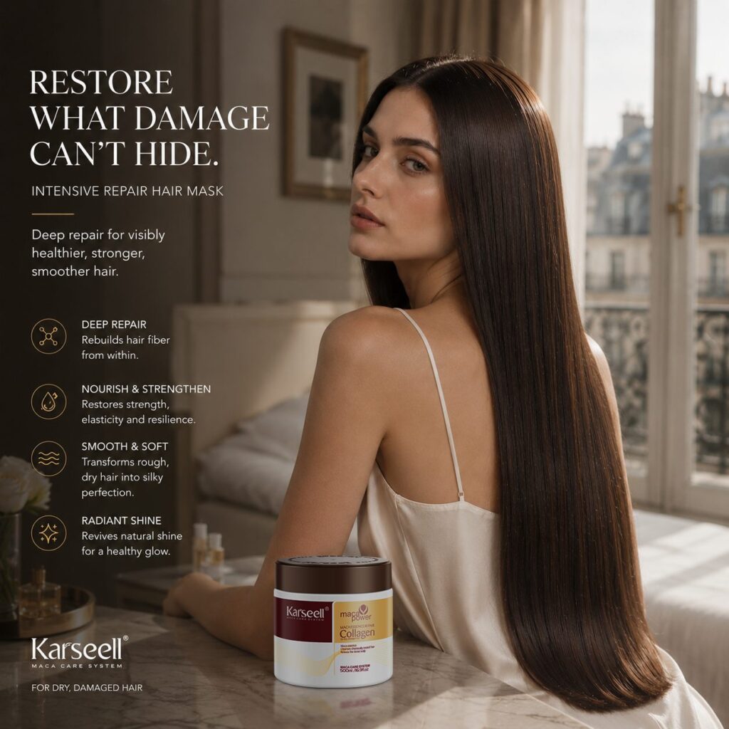 Woman with long, sleek dark hair turns her head toward the camera in a bright room; a jar of Karseell hair product sits on the counter in foreground.