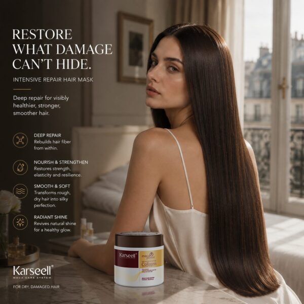 karseell collagen daim npog plaub hau 12 Karseell Lub Khw Muag Khoom | Cov Khoom Siv Saib Xyuas Plaub Hau Zoo Tshaj Plaws rau Cov Plaub Hau Zoo Nkauj Noj Qab Haus Huv Karseell Lub Khw Muag Khoom | Cov Khoom Siv Saib Xyuas Plaub Hau Zoo Tshaj Plaws rau Cov Plaub Hau Zoo Nkauj Noj Qab Haus Huv Tus poj niam nrog cov plaub hau ntev tsaus nti tig nws lub taub hau mus rau lub koob yees duab hauv chav kaj lug ib lub thawv ntawm Karseell cov khoom siv plaub hau nyob ntawm lub txee pem hauv ntej