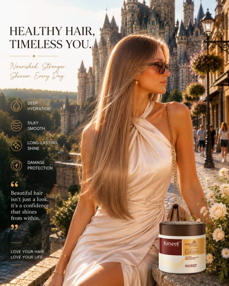 Promotional image of a woman with long blonde hair in a satin dress and sunglasses sitting outdoors with a castle backdrop and a jar of Karseell collagen supplement in the foreground headline reads Healthy Hair Timeless You
