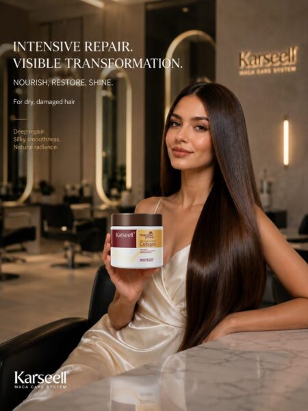 Donna cù capelli lunghi è lisci in un salone chì tene un vasettu di Karseell Maca Care System per a riparazione intensiva di i capelli