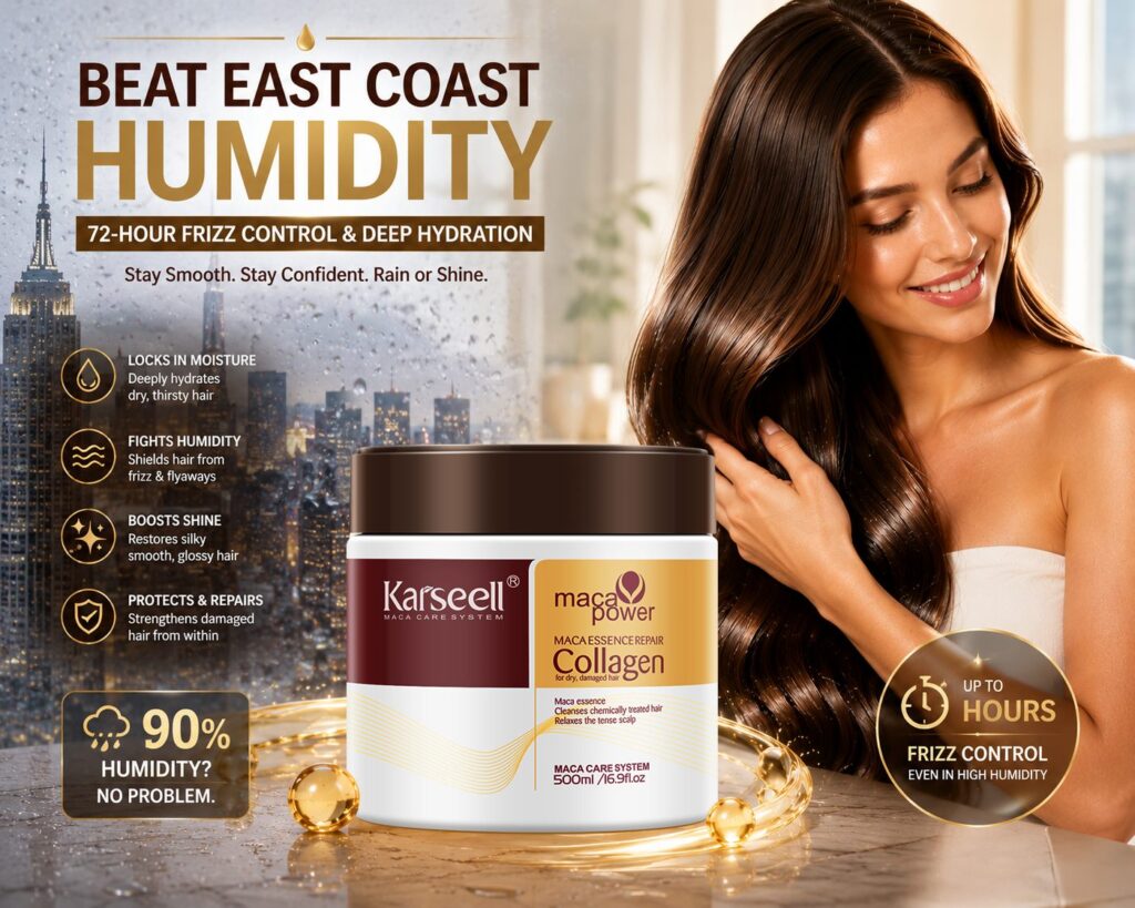 Advertisement for a humidity-control hair product, showing a smiling woman with long, shiny hair and a jar labeled Karseell collagen in the foreground.