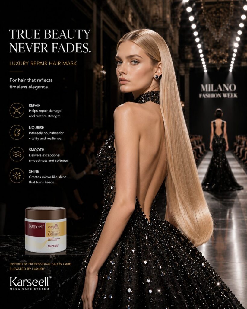 Model on a runway posing in a black sequined gown a jar of Karseell Maca Care System hair product shown bottom left text on left promotes a luxury hair mask during Milan Fashion Week