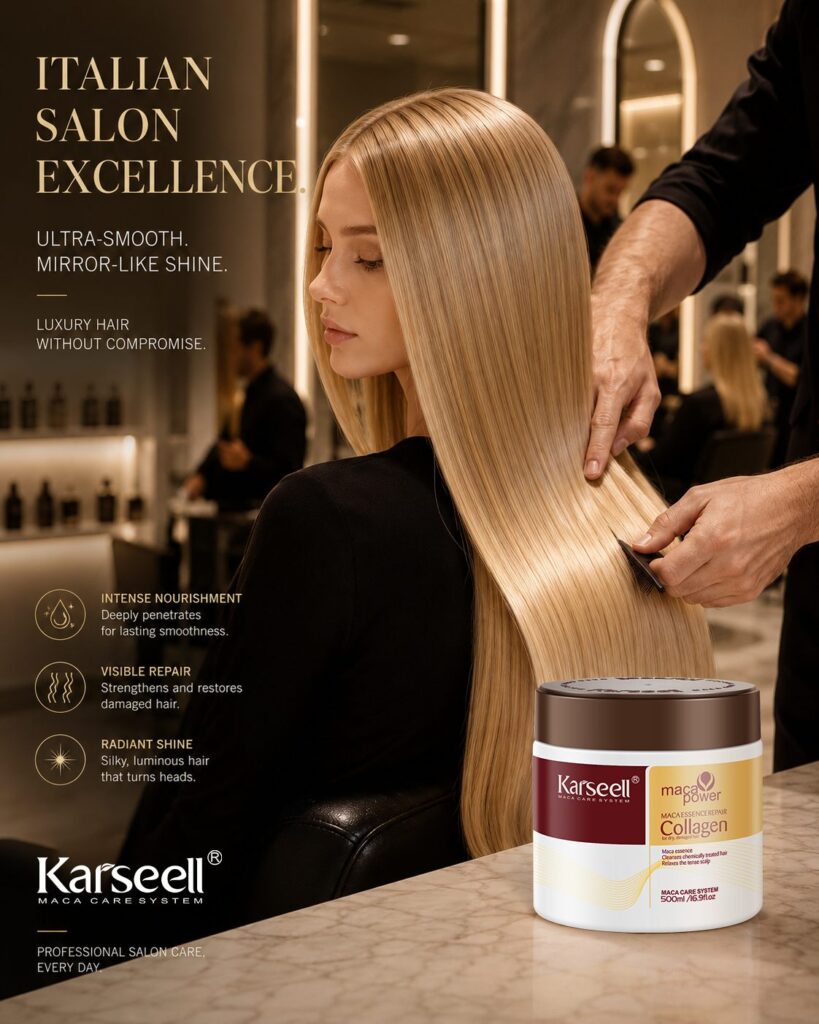 Salon scene with a woman having her long blonde hair styled a stylist's hands work on her hair, and a jar of Karseell Maca Care System product sits on the counter in the foreground.