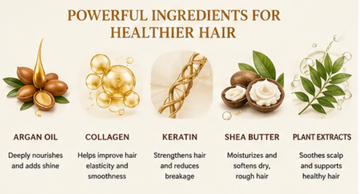 Five hair-care ingredients: argan oil, collagen, keratin, shea butter, and plant extracts with brief benefit notes.